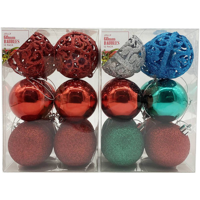 5 PACK of Christmas Jolly 60mm Baubles Assorted 12 pack