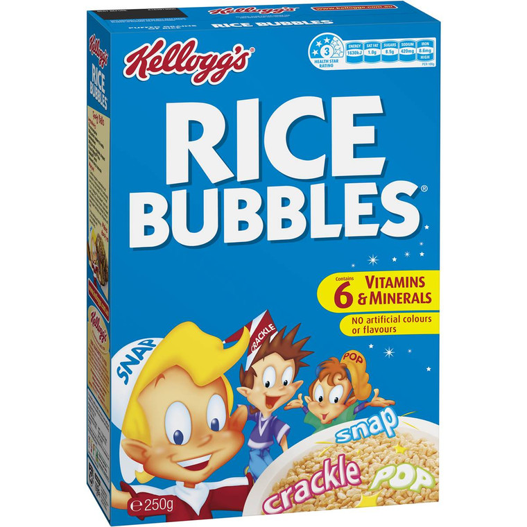 5 PACK of Kellogg's Rice Bubbles Puffed Rice Breakfast Cereal 250g