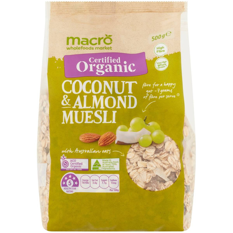 5 PACK of Macro Organic High Fibre Coconut Muesli 500g
