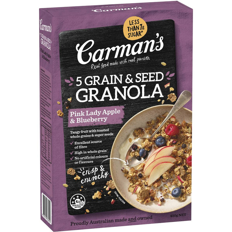 5 PACK of Carman's 5 Grain & Seed Granola Pink Lady Apple & Blueberry 450g