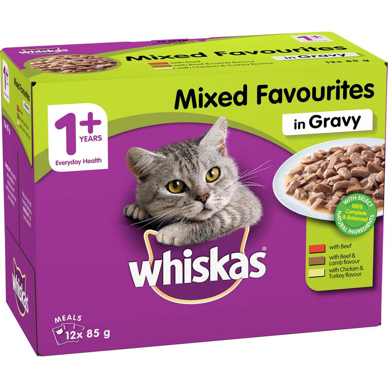 3 PACK OF Whiskas 1+ Years Mixed Favourites In Gravy 12 x85g