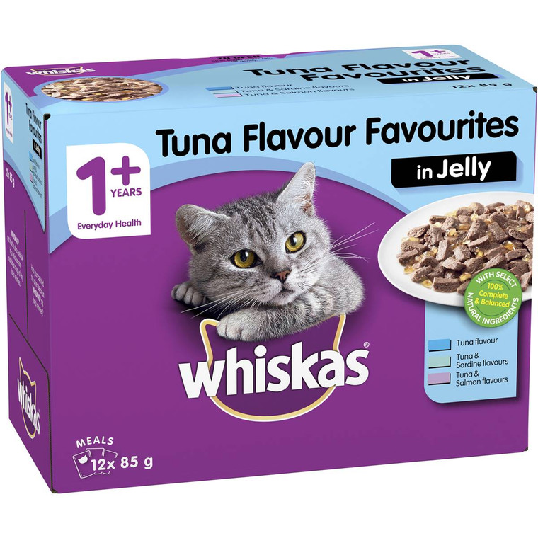 3 PACK OF Whiskas 1+ Years Favourites Tuna In Jelly Wet Cat Food Pouch 85g x12 pack