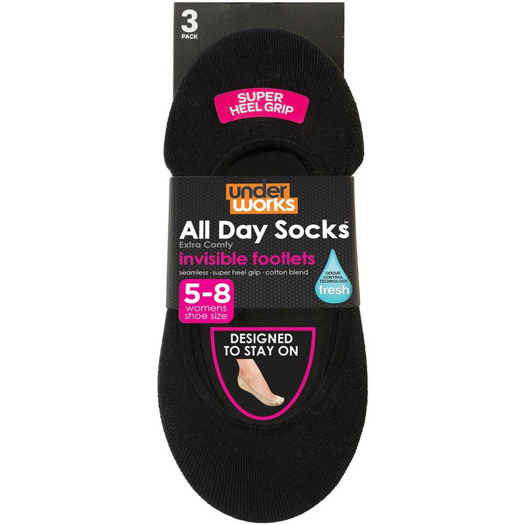 3 PACK OF All Day Womens Invisible Footlet Socks Black 9-11 3 pack