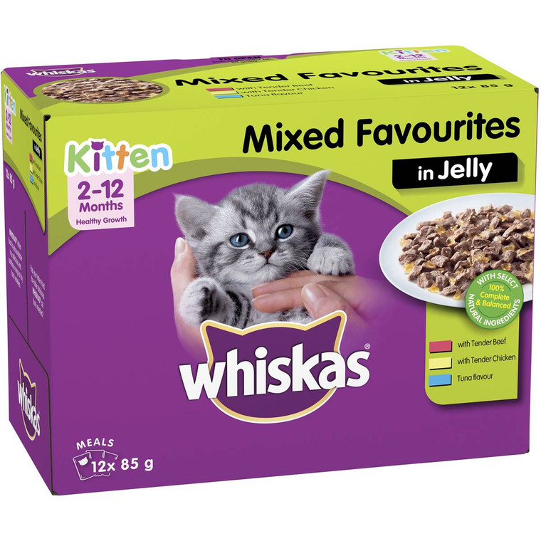 3 PACK OF Whiskas Kitten Mixed Favourites In Jelly 2-12 Months 12 pack