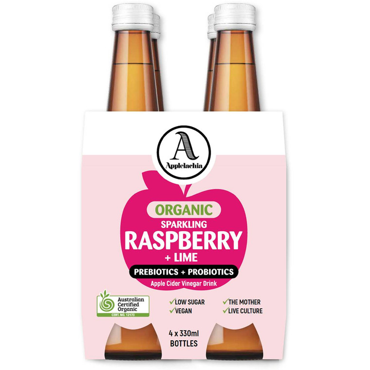 3 PACK OF Applelachia Organic Sparkling Raspberry & Lime Apple Cider Vinegar 330ml x4 pack