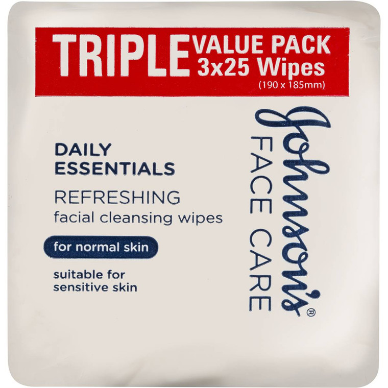 3 PACK OF Johnson's Daily Essentials Facial Cleansing Wipes Normal Skin 3 x25 pack
