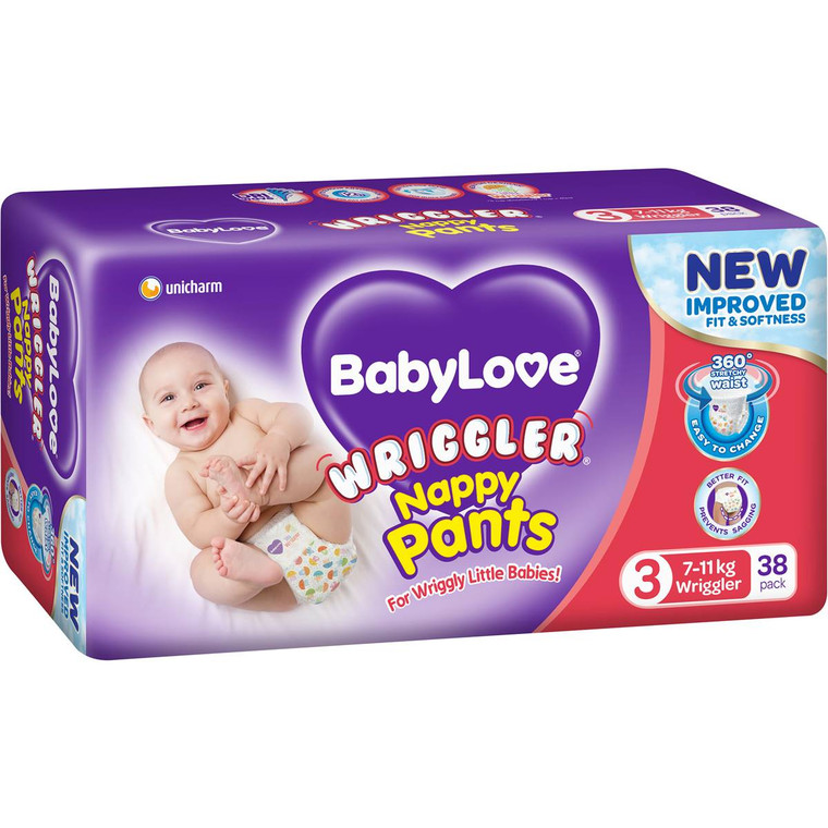3 PACK OF Babylove Nappy Pants Wriggler 38 pack