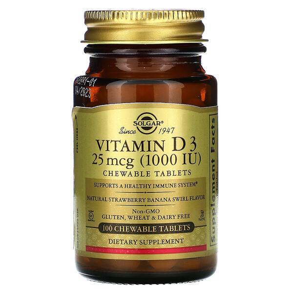 <img alt="Solgar, Vitamin D3, Natural Strawberry Banana Swirl Flavor, 1,000 IU, 100 Chewable Tablets" title="Solgar, Vitamin D3, Natural Strawberry Banana Swirl Flavor, 1,000 IU, 100 Chewable Tablets,033984549562"