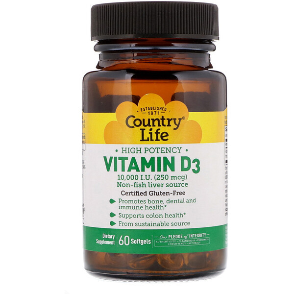 <img alt="Country Life, Vitamin D3, High Potency, 10,000 I.U., 60 Softgels" title="Country Life, Vitamin D3, High Potency, 10,000 I.U., 60 Softgels,015794058151"