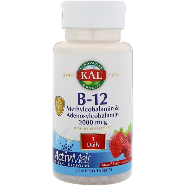 <img alt="KAL, B-12 Methylcobalamin & Adenosylcobalamin, ActivMelt, Mixed Berry, 2000 mcg, 60 Micro Tablets" title="KAL, B-12 Methylcobalamin & Adenosylcobalamin, ActivMelt, Mixed Berry, 2000 mcg, 60 Micro Tablets,021245981961"