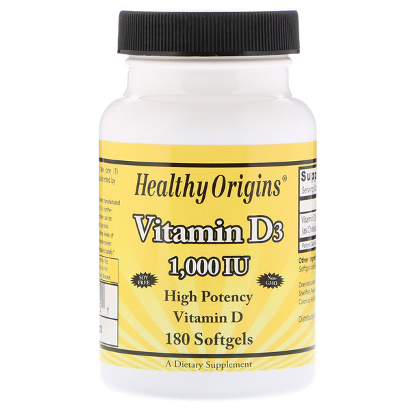 3 PACK OF Healthy Origins, Vitamin D3, 1,000 IU, 180 Softgels