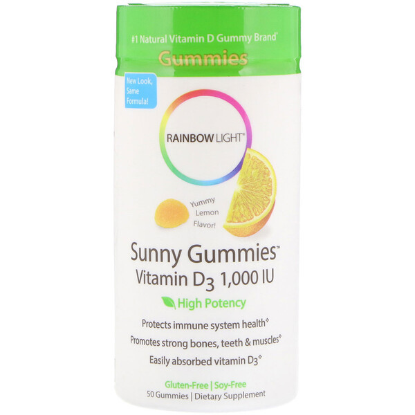 <img alt="Rainbow Light, Sunny Gummies, Vitamin D3 , Lemon Flavor, 1,000 IU, 50 Gummies" title="Rainbow Light, Sunny Gummies, Vitamin D3 , Lemon Flavor, 1,000 IU, 50 Gummies,021888120628"