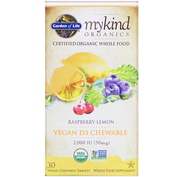 <img alt="Garden of Life, Mykind Organics, Vegan D3, Raspberry-Lemon, 2,000 IU, 30 Vegan Chewable Tablets" title="Garden of Life, Mykind Organics, Vegan D3, Raspberry-Lemon, 2,000 IU, 30 Vegan Chewable Tablets,658010118613"