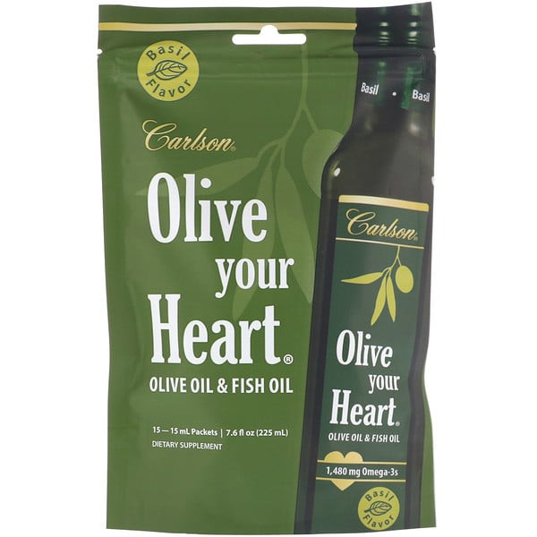 Carlson Labs, Olive Your Heart, Olive Oil & Fish Oil, Basil Flavor, 1,480 mg, 15 Packets, 15 ml Each