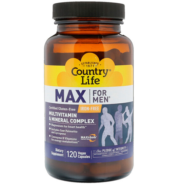 <img alt="Country Life, Max for Men, Multivitamin & Mineral Complex, Iron-Free, 120 Vegan Capsules" title="Country Life, Max for Men, Multivitamin & Mineral Complex, Iron-Free, 120 Vegan Capsules,015794081401"