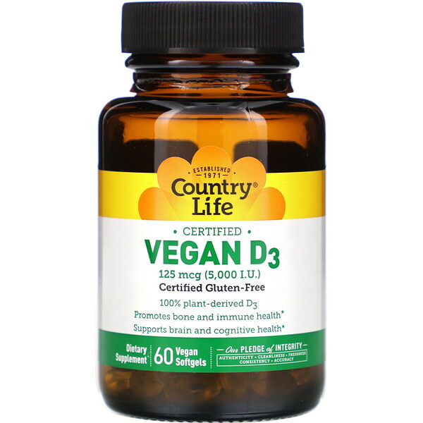 <img alt="Country Life, Vegan D3, 5000 IU, 60 Vegan Softgels" title="Country Life, Vegan D3, 5000 IU, 60 Vegan Softgels,015794058212"