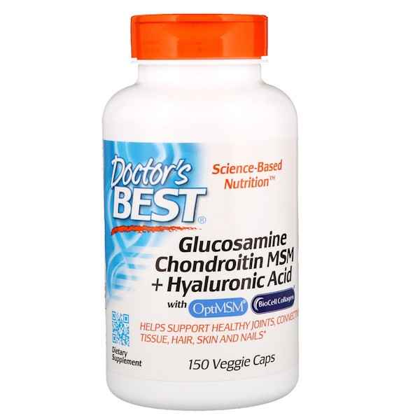 <img alt="Doctors Best, Glucosamine Chondroitin MSM + Hyaluronic Acid, 150 Veggie Caps" title="Doctors Best, Glucosamine Chondroitin MSM + Hyaluronic Acid, 150 Veggie Caps,753950002715"
