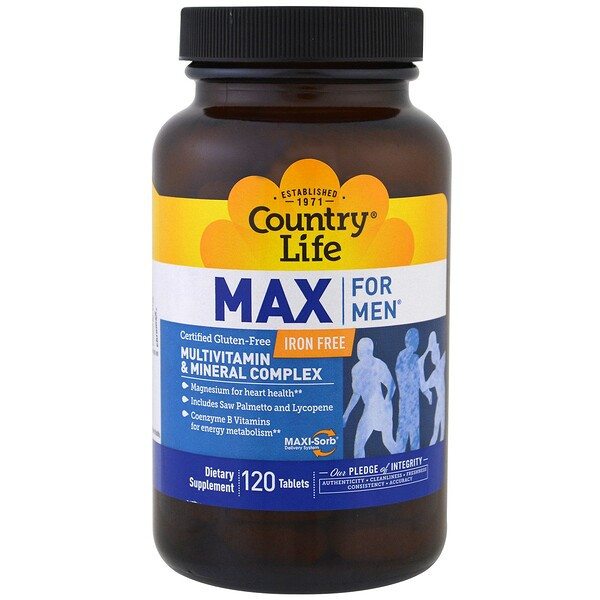 <img alt="Country Life, Max for Men, Multivitamin & Mineral Complex, Iron-Free, 120 Tablets" title="Country Life, Max for Men, Multivitamin & Mineral Complex, Iron-Free, 120 Tablets,015794081364"