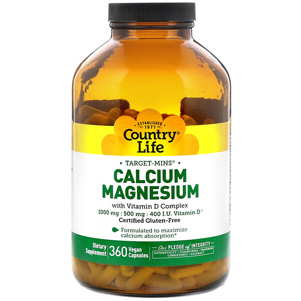 <img alt="Country Life, Calcium Magnesium, with Vitamin D Complex, Gluten Free, 360 Vegan Capsules" title="Country Life, Calcium Magnesium, with Vitamin D Complex, Gluten Free, 360 Vegan Capsules,015794024798"