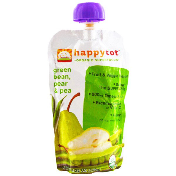 3 PACK of Happy Baby Organics HappyTot Superfoods Stage 4 Tots & Tykes Pears Peas & Green Beans + Super Chia -- 4.22 oz