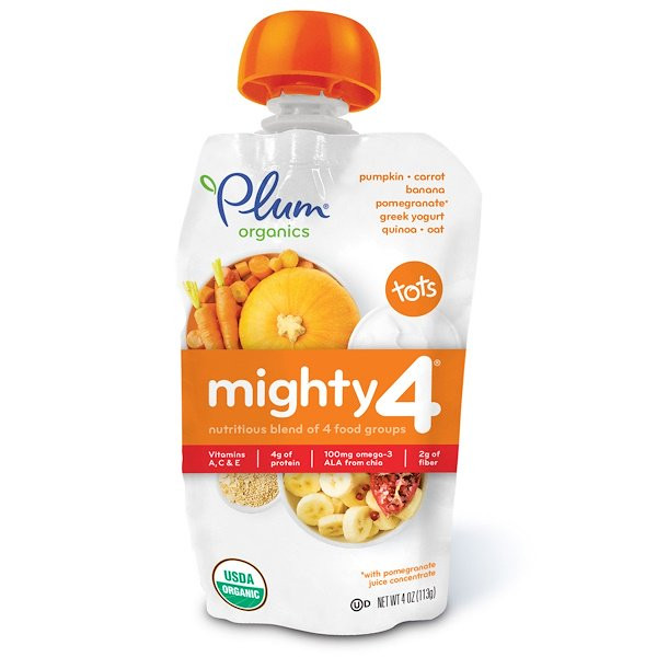 3 PACK of Plum Organics, Tots, Mighty 4, 4 Food Group Blend, Banana, Peach, Pumpkin, Carrot, Greek Yogurt, Oat, 4 oz (113 g)