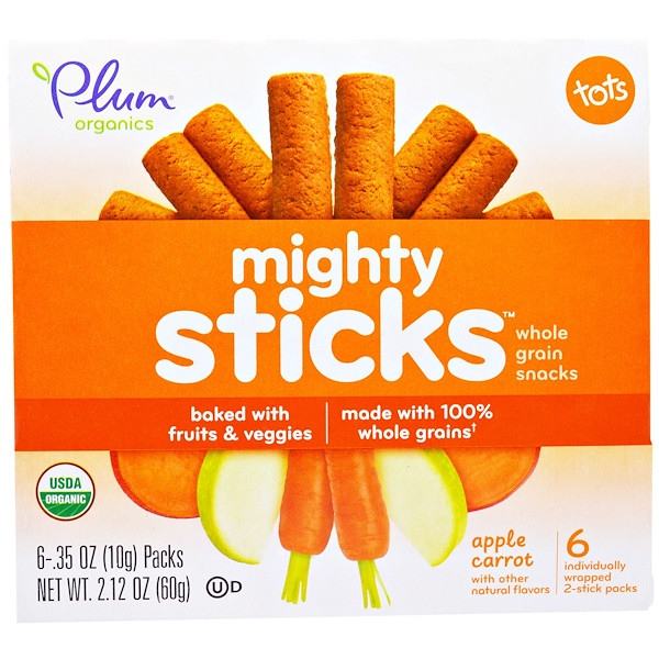 Plum Organics, Tots, Mighty Sticks, Whole Grain Snacks, Apple Carrot, 6 Packs, .35 oz (10 g)