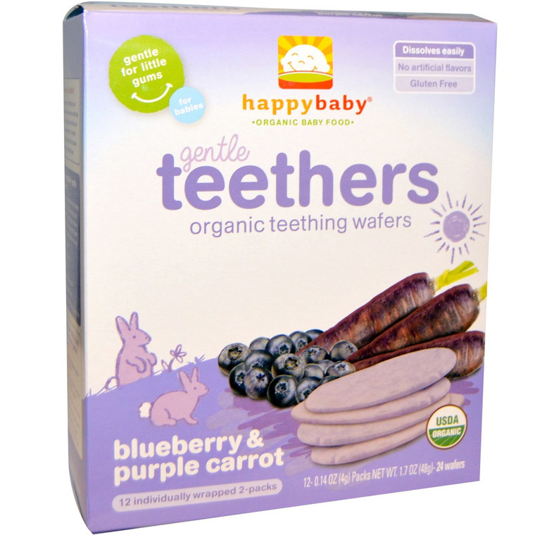 3 PACK of Happy Family Organics, Organic Teethers, Gentle Teething Wafers, Sitting Baby, Blueberry & Purple Carrot, 12 Packs, 0.14 oz (4 g) Each