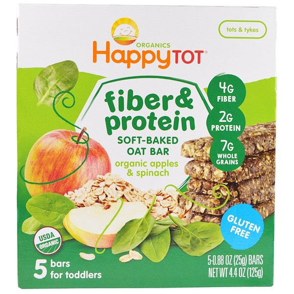 3 PACK of Happy Family Organics, Happytot, Fiber & Protein Soft-Baked Oat Bar, Organic Apples & Spinach, 5 Bars, 0.88 oz (25 g) Each