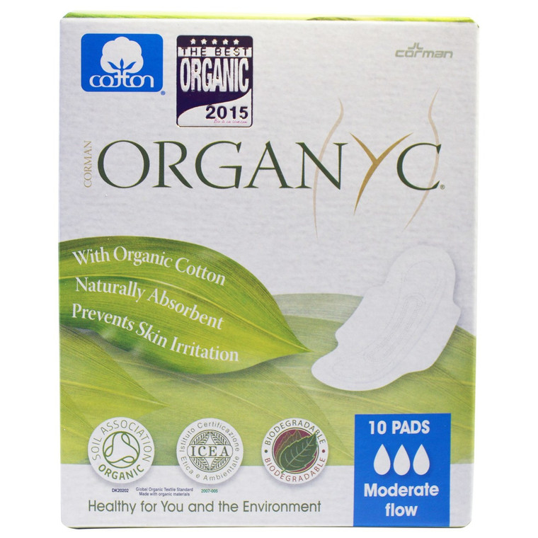 3 PACK of Organyc, Organic Cotton Pads, Moderate Flow, 10 Pads