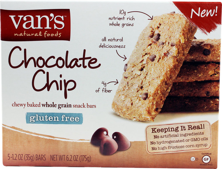 Vans Natural Foods, Chewy Baked Whole Grain Snack Bars Gluten Free,  Chocolate Chip - 5 Bars