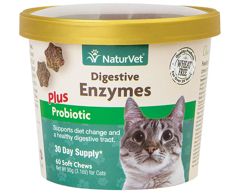 3 PACK of NaturVet Digestive Enzymes Plus Probiotic for Cats -- 60 Soft Chews