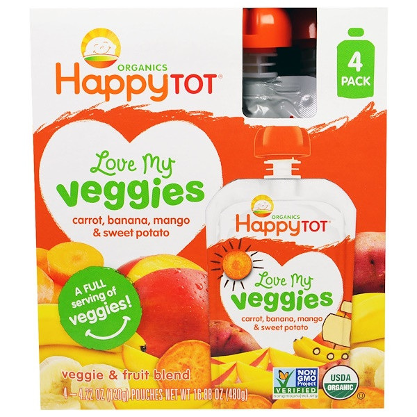 Happy Family Organics, Happy Tot, Love My Veggies, Carrot, Banana, Mango & Sweet Potato, 4 Pouches - 4.22 oz (120 g) Each
