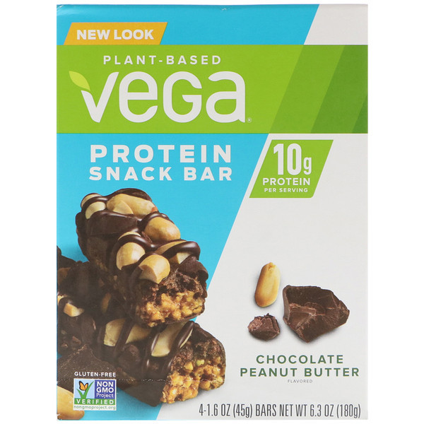 Vega, Protein Snack Bar, Chocolate Peanut Butter, 4 Bars, 1.6 oz (45 g) Each
