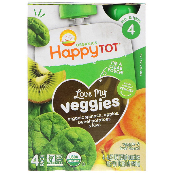 Happy Family Organics, Organics Happy Tot, Love My Veggies, Spinach, Apples, Sweet Potatoes & Kiwi, 4 Pouches, 4.22 oz (120 g) Each