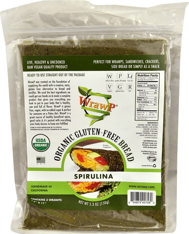 3 PACK of WrawP Organic Veggie Wraps Gluten-Free Paleo Spirulina -- 6 Wraps