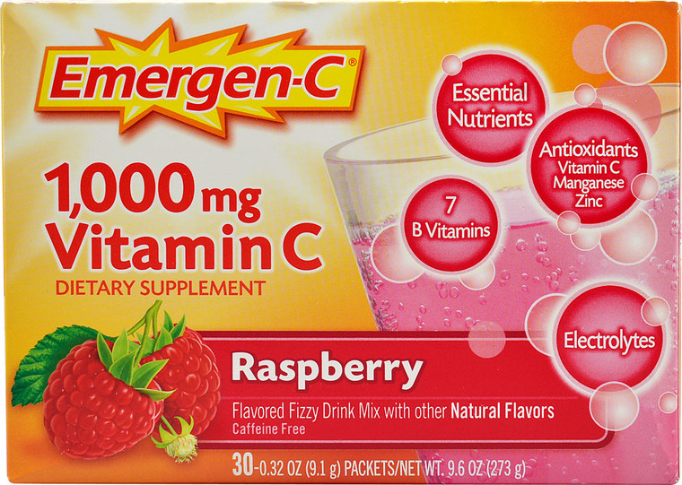 Emergen-C, Vitamin C, Flavored Fizzy Drink Mix, Raspberry, 1,000 mg, 30 Packets, 0.32 oz (9.1 g) Each
