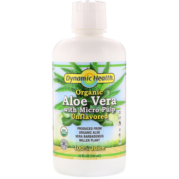 Dynamic Health  Laboratories, Organic Aloe Vera Juice with Micro Pulp 100% Juice, Unflavored, 32 fl oz (946 ml)