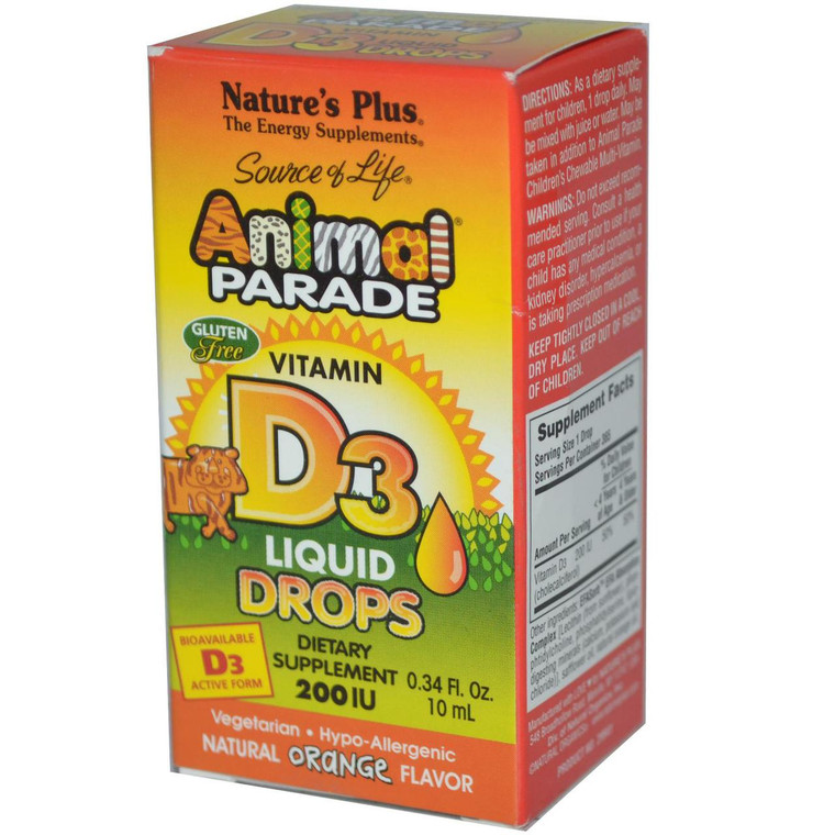 Natures Plus, Source of Life, Animal Parade, Vitamin D3, Liquid Drops, Natural Orange Flavor, 200 IU, 0.34 fl oz (10 ml)