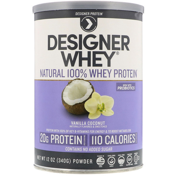 Designer Protein Natural 100% Whey Protein Powder Vanilla Coconut -- 12 oz