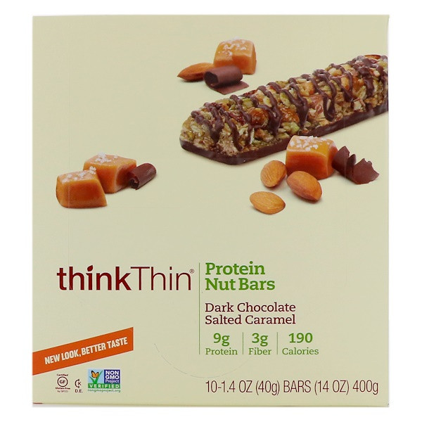 ThinkThin, Protein Nut Bars, Dark Chocolate Salted Caramel, 10 Bars,1.4 oz (40 g) Each