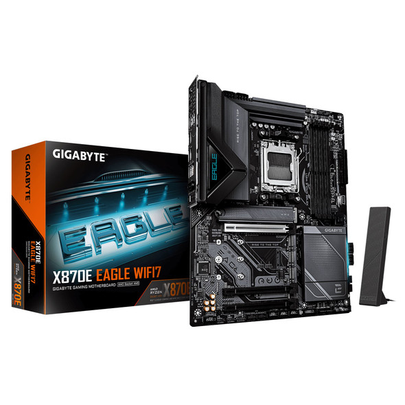 Gigabyte X870E EAGLE WIFI7 AMD AM5 Socket Motherboard, ATX, 4x DDR5 Slots, 4x M.2 Sockets, Fitted I/O Shield, 5GbE LAN, Wi-Fi 7, 1x HDMI Port / 2x USB-C (USB4)