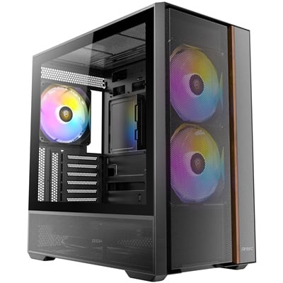 Antec FLUX Rear Mid Tower Gaming Case, 1 x USB Type-C / 2 x USB 3.0, Tempered Glass Side Window Panel, Multi-directional Vent Design, Walnut Wood Accents, 3 x Pre-Installed High-Performance PWM Fans , E-ATX (=330mm), ATX, Micro-ATX, ITX Com