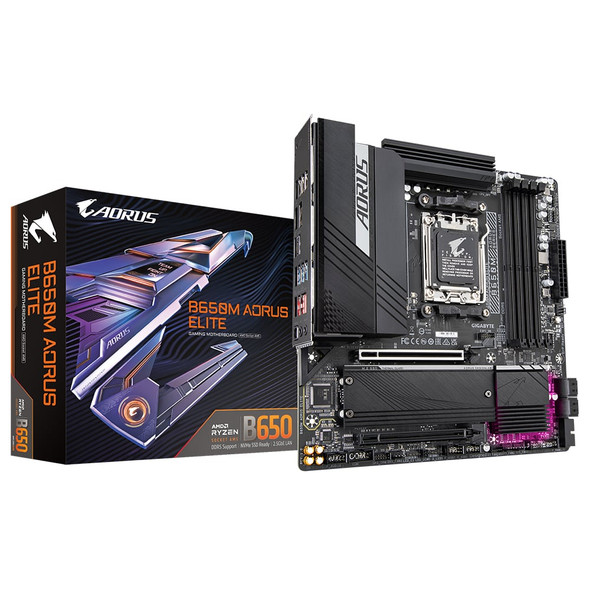 Gigabyte B650M AORUS ELITE AMD AM5 Socket Motherboard, Micro-ATX, 4x DDR5 Slots, 2x M.2 Sockets, Fitted I/O Shield, 2.5GbE LAN, 1x DisplayPort / 1x HDMI Port
