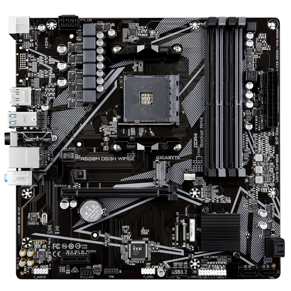 Gigabyte A520M DS3H WIFI6E AMD AM4 Socket Motherboard, Micro-ATX, 4x DDR4 Slots, 1x M.2 Socket, GbE LAN, Wi-Fi 6E, 1x DisplayPort / 1x HDMI Port