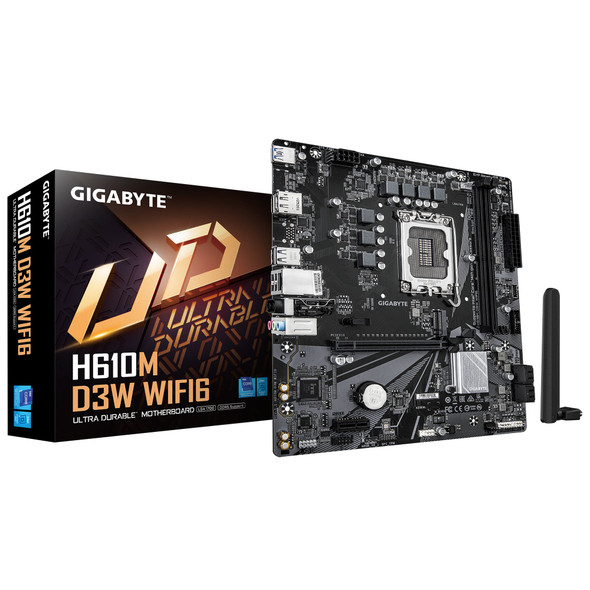 Gigabyte H610M D3W WIFI6 (Rev. 1.1) Intel 1700 Socket Motherboard, Micro-ATX, 2x DDR5 Slots, 1x M.2 Socket, GbE LAN, Wi-Fi 6, 1x DisplayPort / 1x HDMI Port