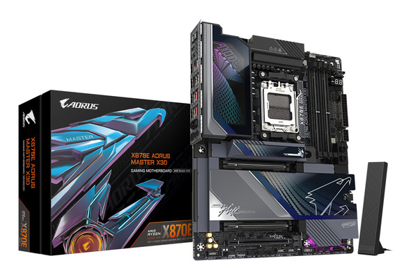 Gigabyte X870E AORUS MASTER X3D AMD AM5 Socket Motherboard, ATX, 4x DDR5 Slots, 5x M.2 Sockets, Fitted I/O Shield, 10GbE LAN, Wi-Fi 7, 1x HDMI Port / 2x USB-C (USB4)