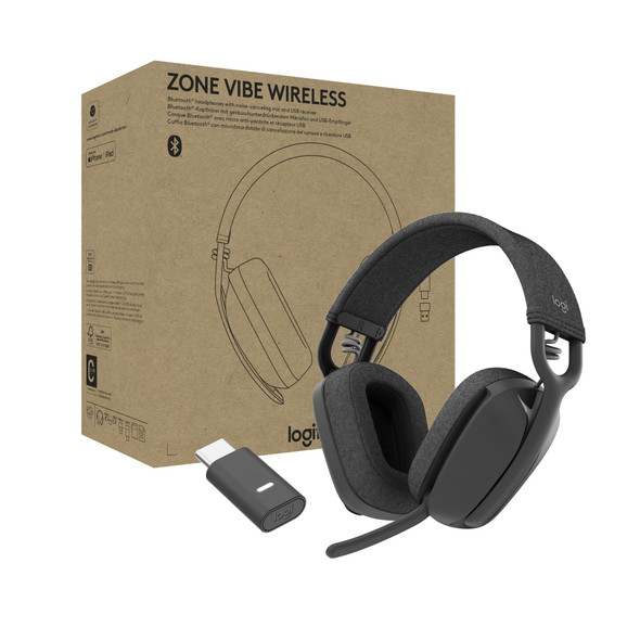 Logitech Zone Vibe Wireless Bluetooth® headphones with noise-cancelling mic, USB-A, USB-C, certified for Google Meet, Google Voice, Zoom, Mac/PC - Graphite