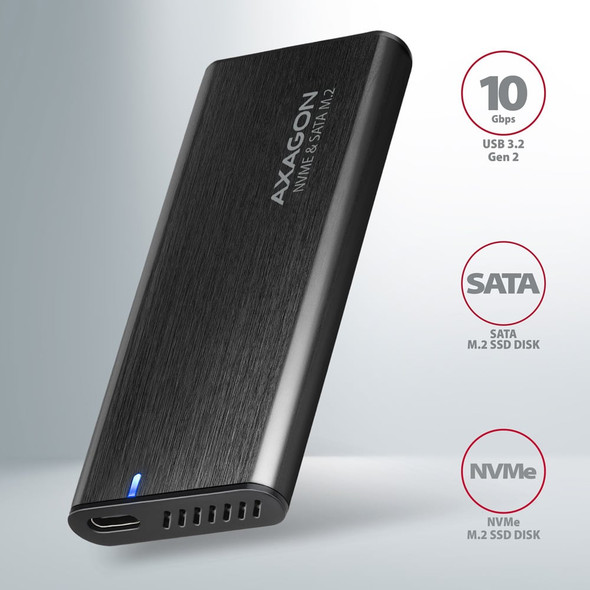 Axagon EEM2-SB2 External USB-C 3.2 Gen 2 metal box for M.2 NVMe & SATA SSD disks. Screwless