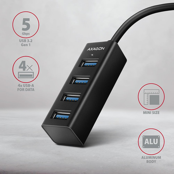 Axagon HUE-M1A 4x USB 3.2 Gen 1 MINI hub, metal, 20cm USB-A cable