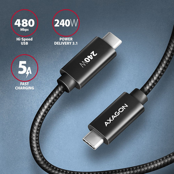 Axagon BUCM2-CM25AB Data and charging USB 480Mbps cable 2.5 m. PD 240W, 5A. Black braided – image 2